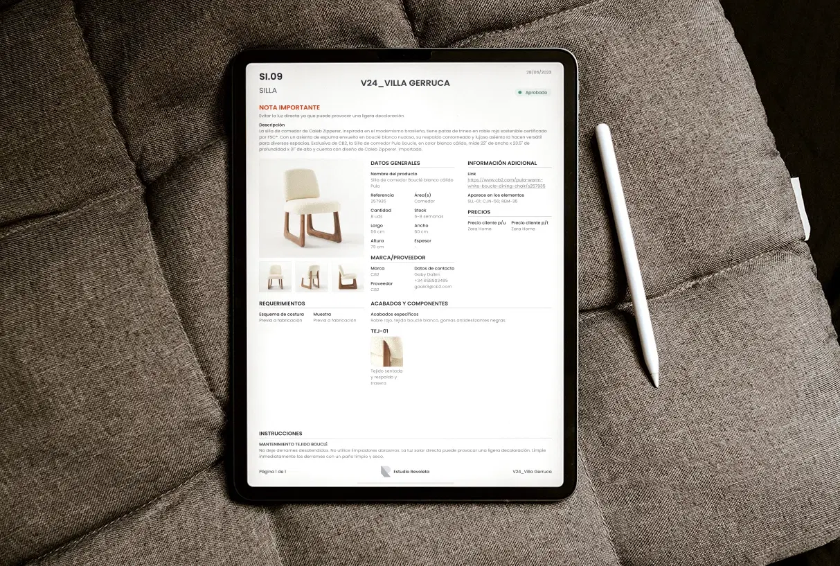 Mockup de la visualización en tablet de ficha de elemento